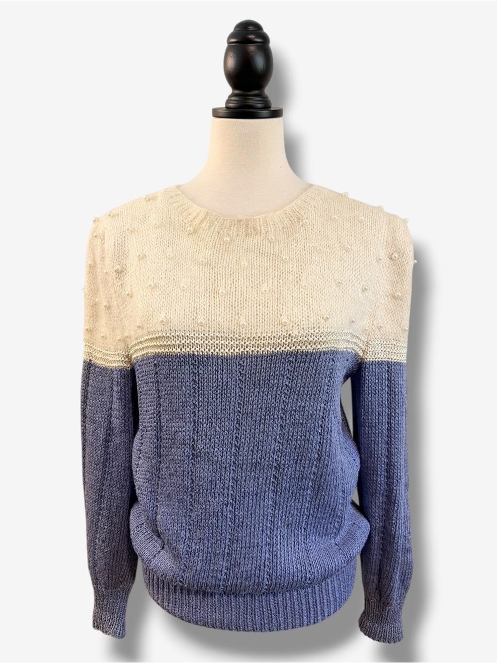 Vintage 80s Nannell Hand Knit Angora Linen Pearl Sweater Blue Ivory M Hong Kong